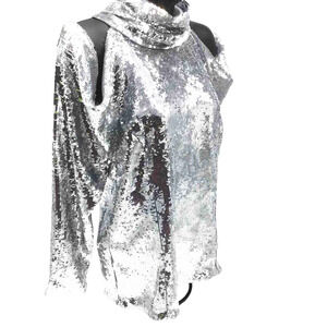INC International Concepts Women’s Medium Silver Sequin Cold Shoulder Mock Top